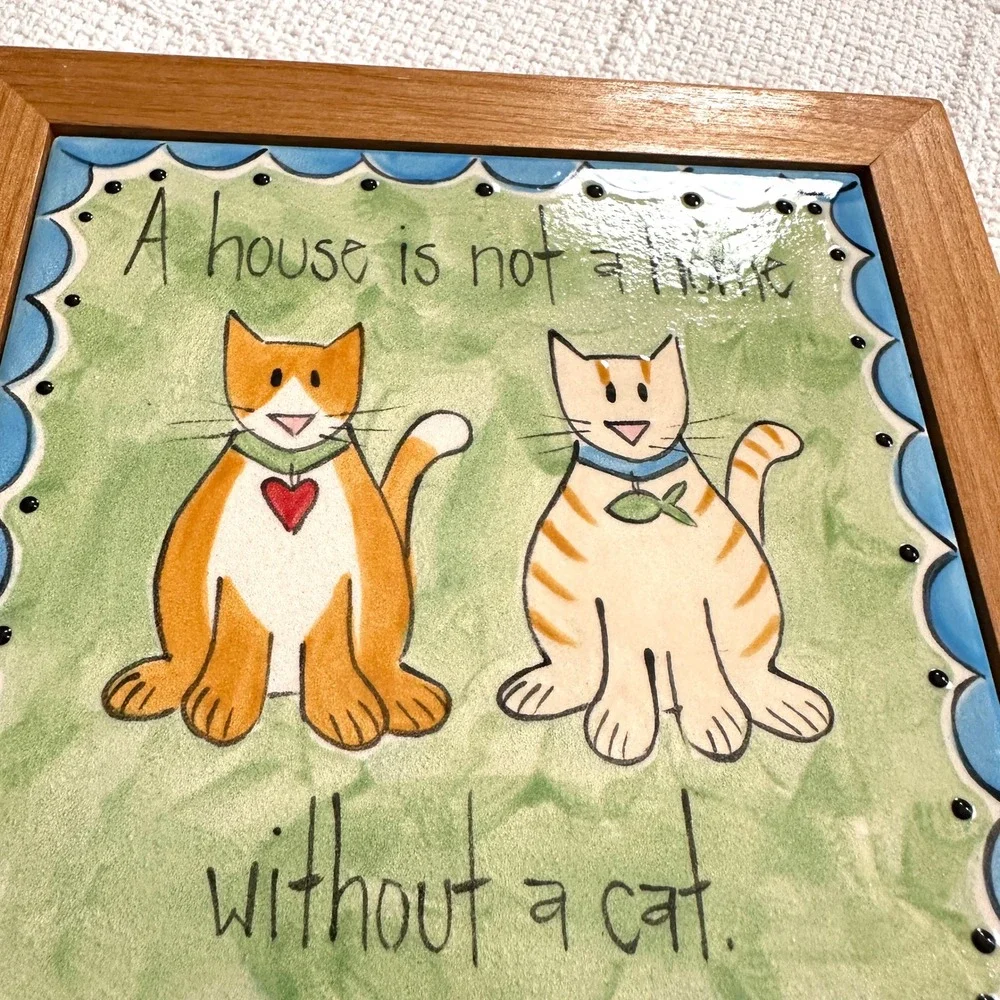VTG Cat Framed Ceramic Tile Wall Decor House Not A Home Without A Cat Art Kitsch